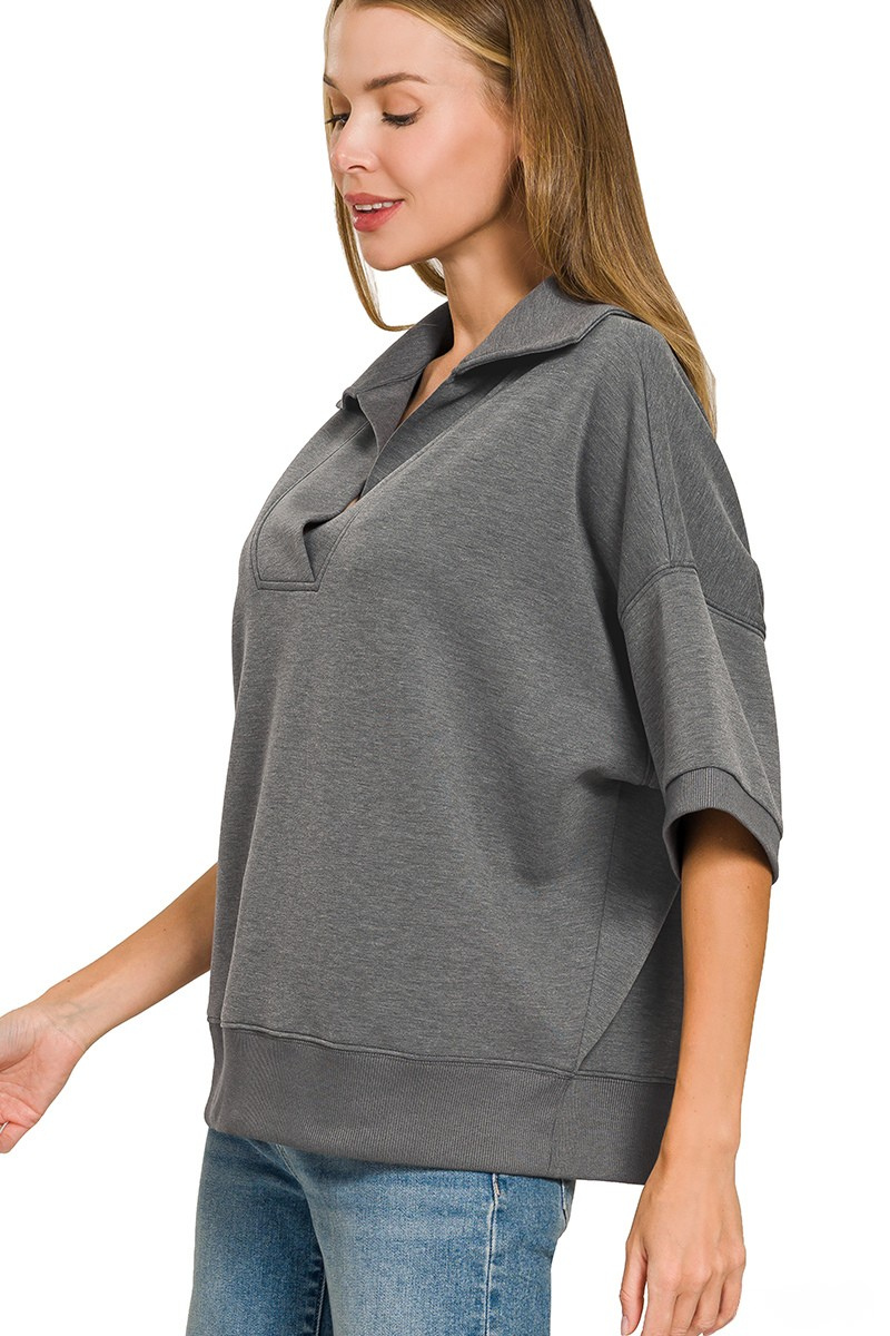 ZENANA SCUBA COLLAR PULLOVER & CENTER SEAM PANTS SET - GRAY