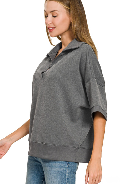 ZENANA SCUBA COLLAR PULLOVER & CENTER SEAM PANTS SET - GRAY