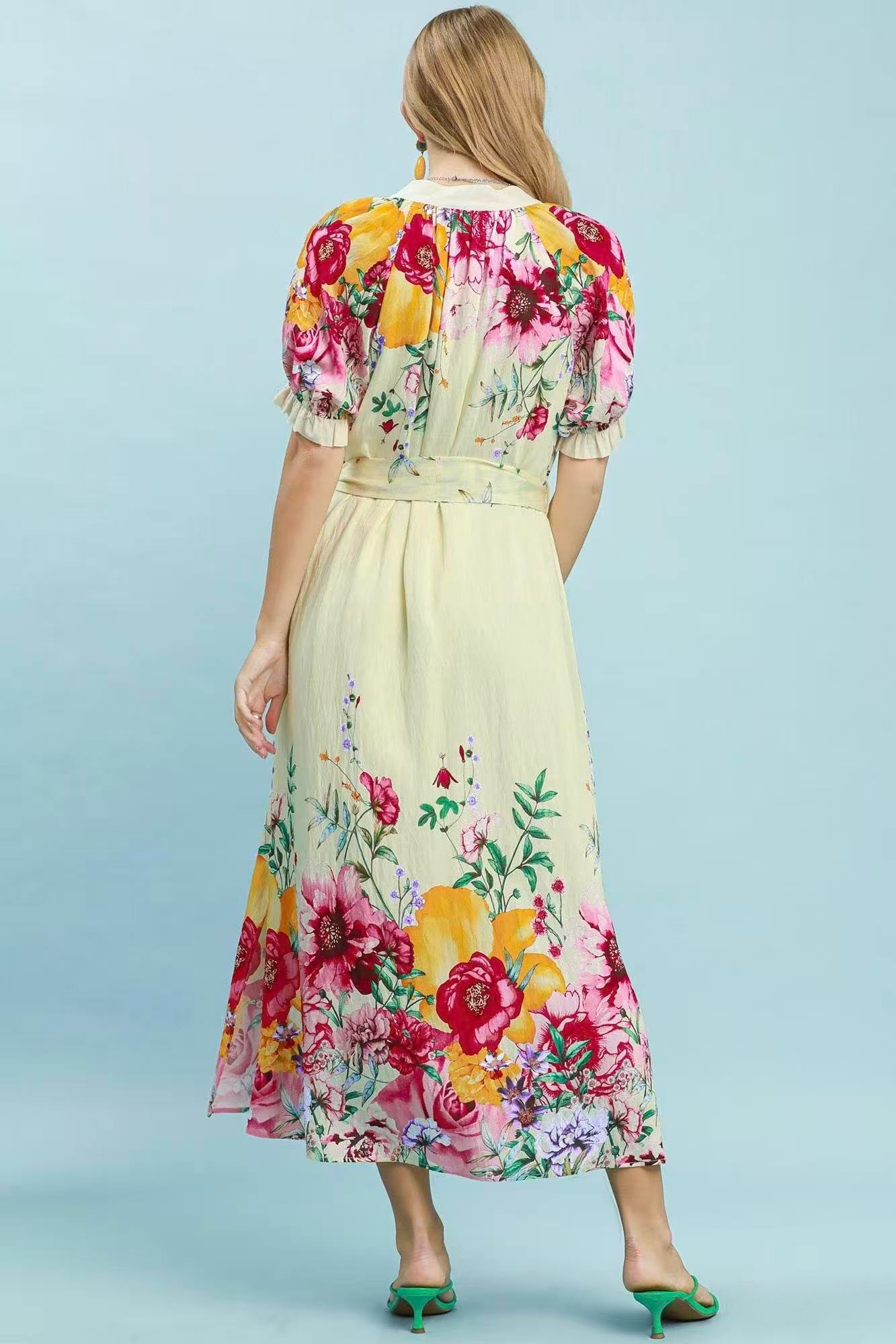 UMGEE FLORAL BORDER PRINT MIDI DRESS - ECRU MIX