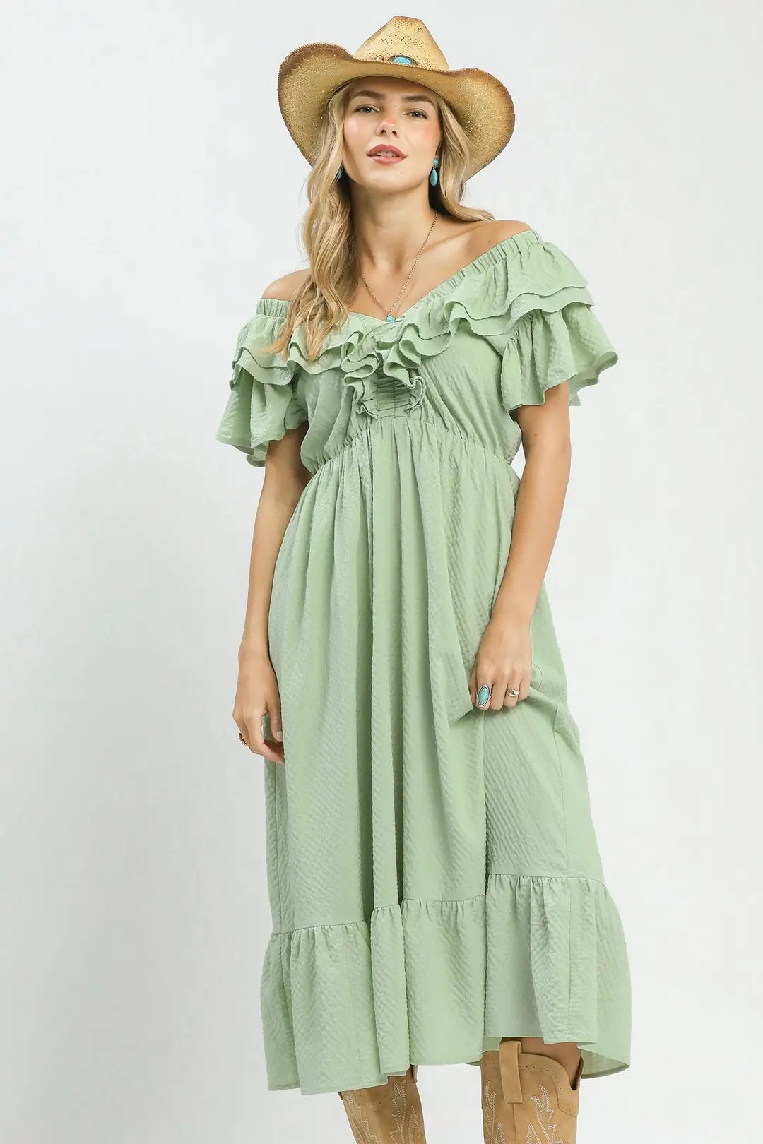 UMGEE TEXTURED RUFFLE MIDI DRESS