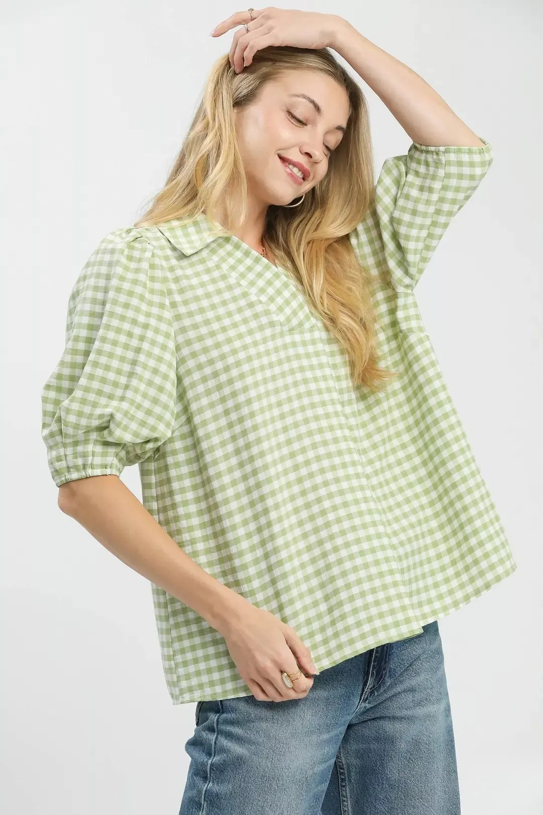 UMGEE GINGHAM PUFF SLEEVE COLLAR BLOUSE - SAGE