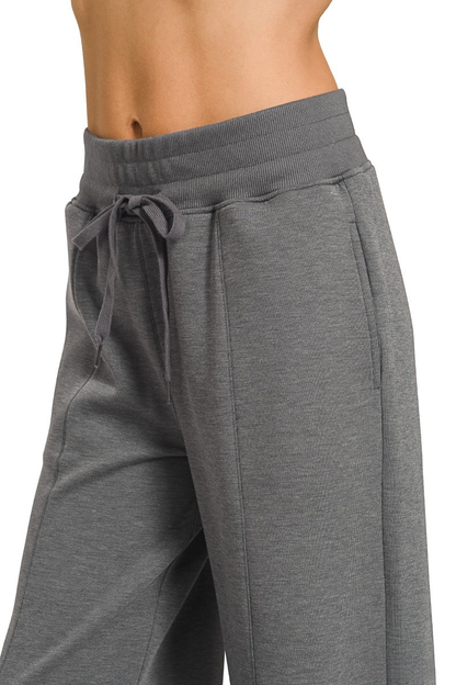 ZENANA SCUBA COLLAR PULLOVER & CENTER SEAM PANTS SET - GRAY
