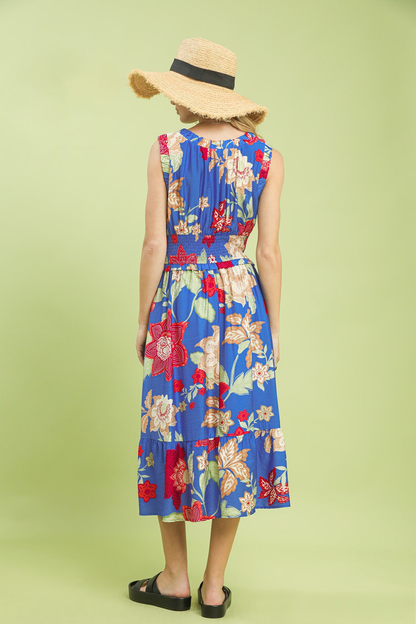 UMGEE FLORAL SMOCKED MIDI DRESS - BLUE