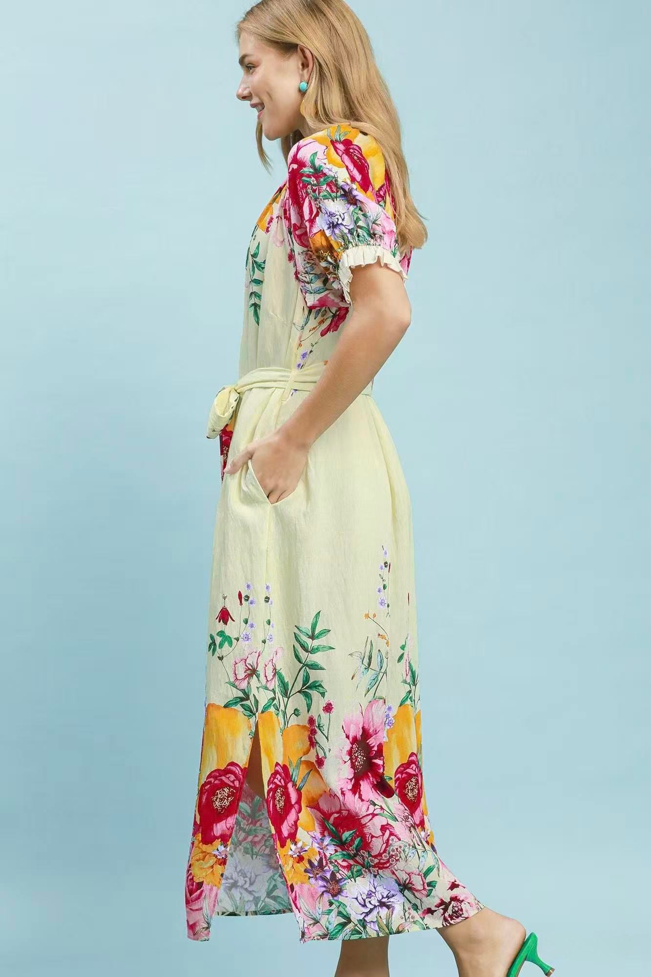 UMGEE FLORAL BORDER PRINT MIDI DRESS - ECRU MIX