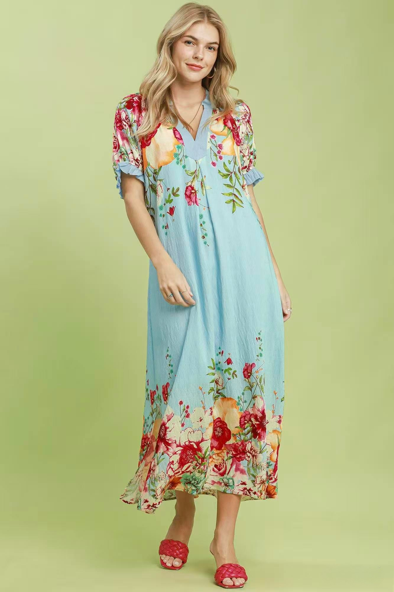 UMGEE FLORAL BORDER PRINT MIDI DRESS - BLUE MIX