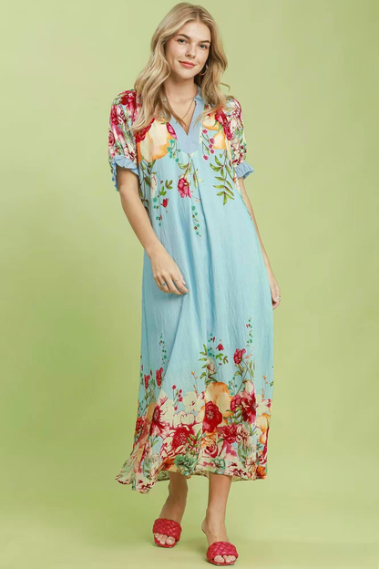 UMGEE FLORAL BORDER PRINT MIDI DRESS - BLUE MIX