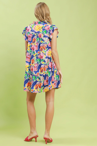UMGEE FLORAL RUFFLE MINI DRESS - BLUE FLORAL MIX