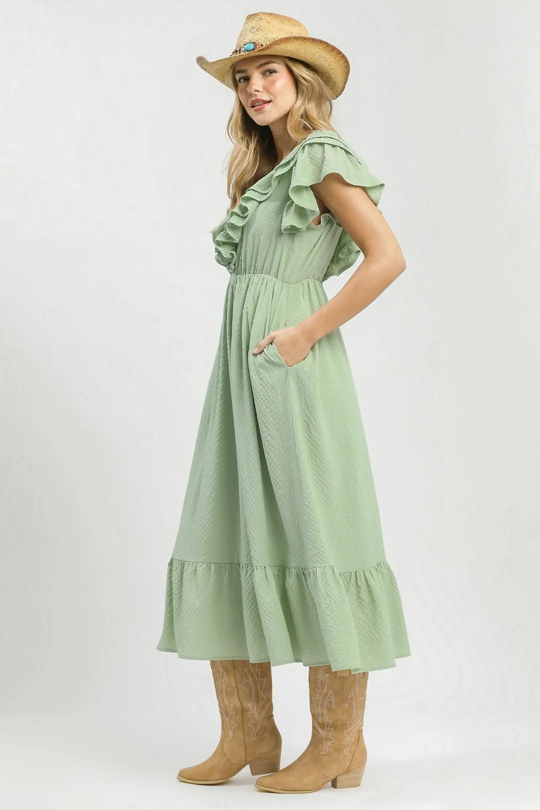 UMGEE TEXTURED RUFFLE MIDI DRESS