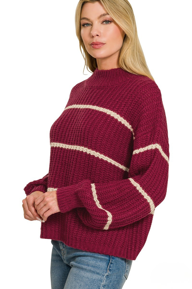 ZENANA STRIPED OVERSIZED SWEATER - CABERNET