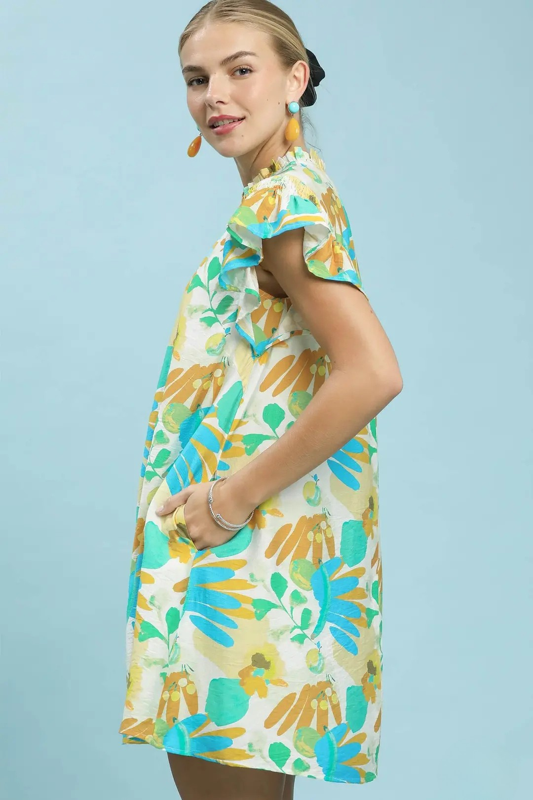 UMGEE RUFFLED BOTANICAL PRINT MINI DRESS
