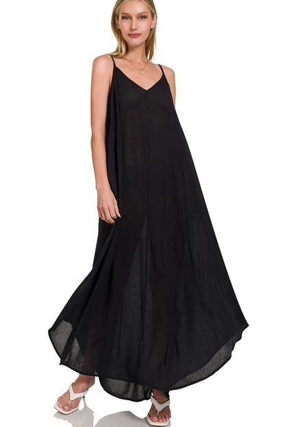 ZENANA WOVEN CRINKLE CAMI POCKET MAXI DRESS - BLACK