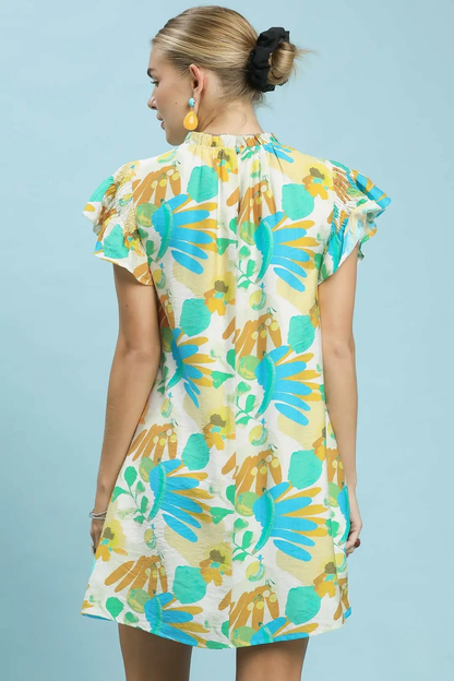 UMGEE RUFFLED BOTANICAL PRINT MINI DRESS