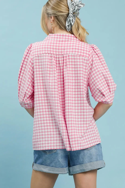 UMGEE GINGHAM PUFF SLEEVE COLLAR BLOUSE - PEONY PINK