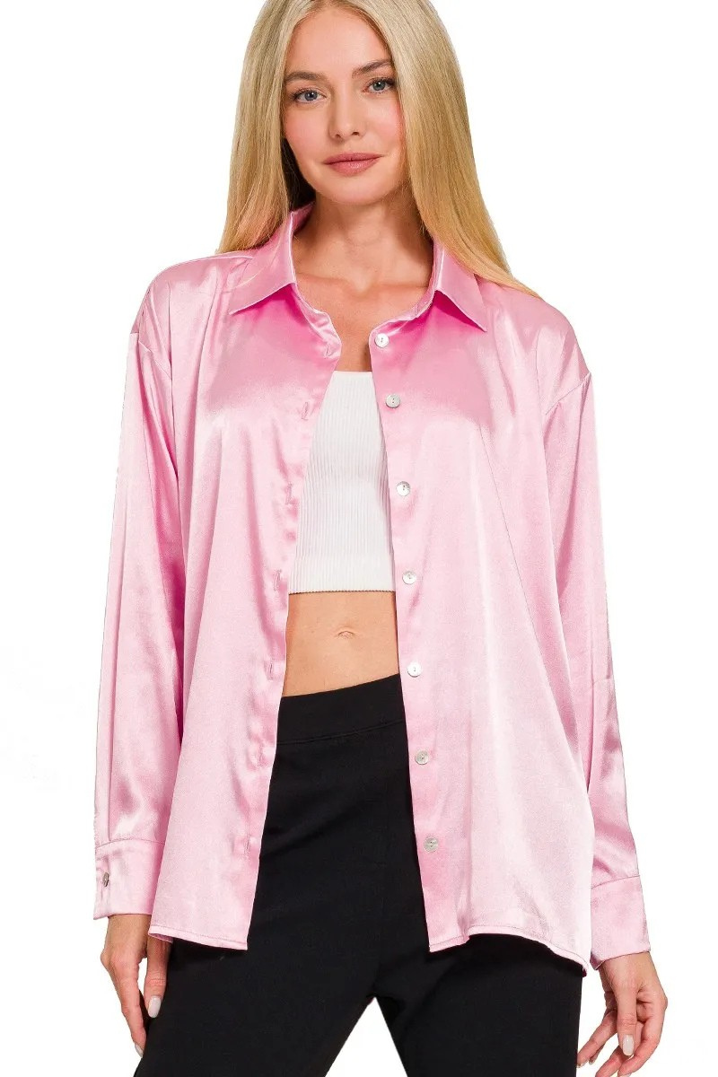 ZENANA SATIN BUTTON-FRONT LONG SLEEVE SHIRT