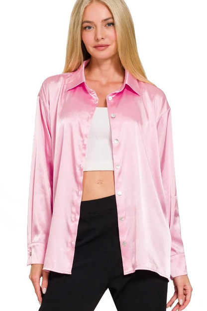ZENANA SATIN BUTTON-FRONT LONG SLEEVE SHIRT