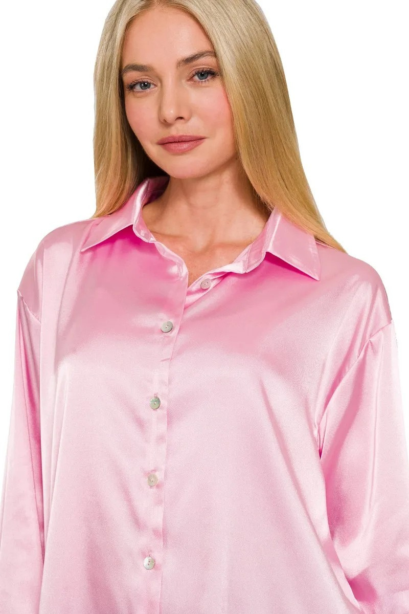 ZENANA SATIN BUTTON-FRONT LONG SLEEVE SHIRT