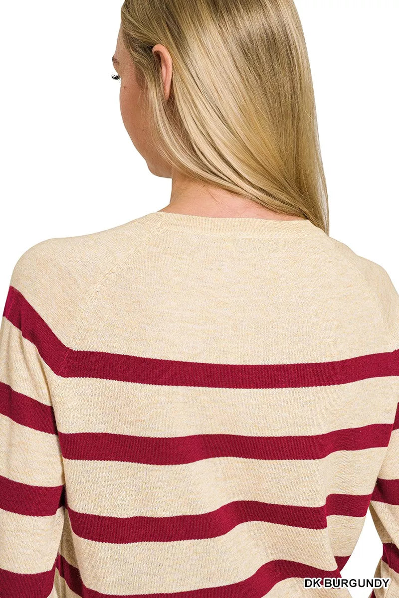 ZENANA WOOL BLEND STRIPED SWEATER - DARK BURGUNDY