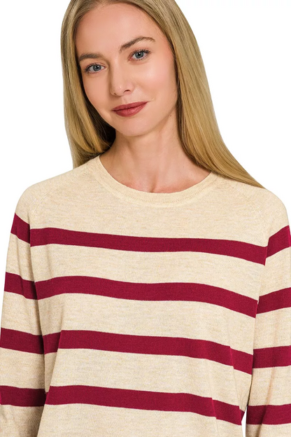 ZENANA WOOL BLEND STRIPED SWEATER - DARK BURGUNDY