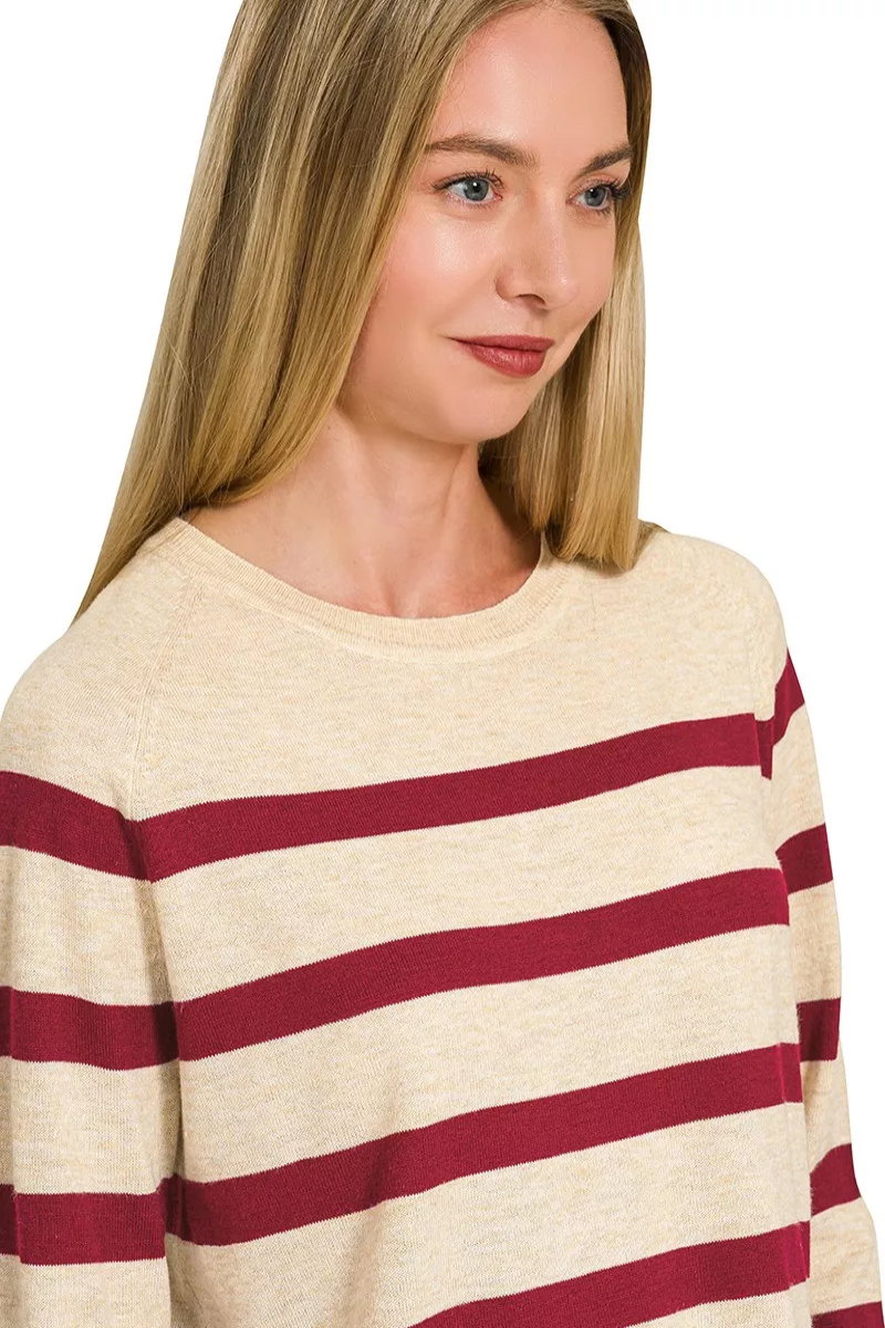 ZENANA WOOL BLEND STRIPED SWEATER - DARK BURGUNDY