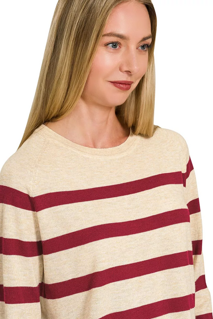 ZENANA WOOL BLEND STRIPED SWEATER - DARK BURGUNDY