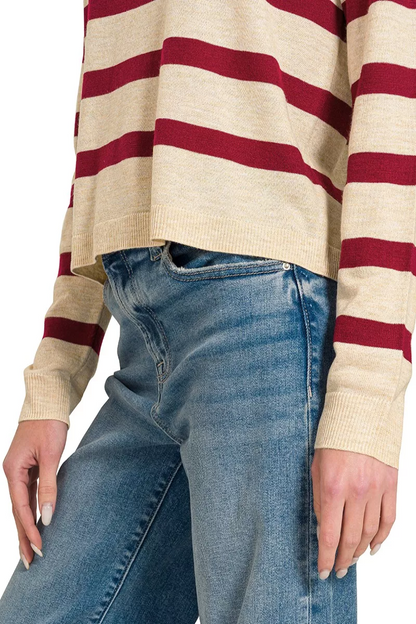ZENANA WOOL BLEND STRIPED SWEATER - DARK BURGUNDY